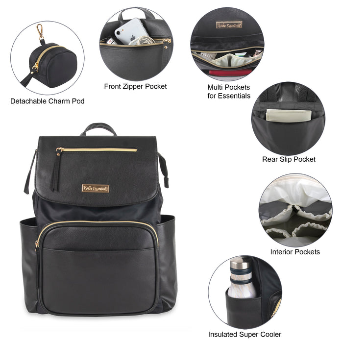 Baby Essentials Vegan Leather Flap Diaper Backpack + Changing Pad - Black