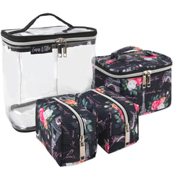 4-piece Paris print cosmetic set with clear and black floral cases, reinforced handles, and silver zippers.