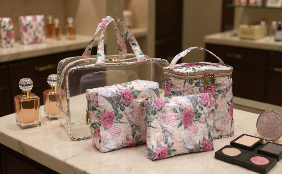 Clear Cosmetic Travel Case Set with 2 Bags + Pouch - Pink Paris Themed