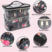 Black 4-piece Paris print cosmetic set with clear case, floral design, reinforced handle, and two-way zippers.