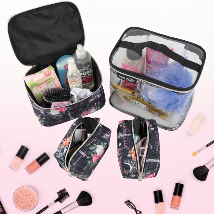 Four-piece Paris print cosmetic set: a large clear case, a printed case, and two small pouches filled with beauty products.