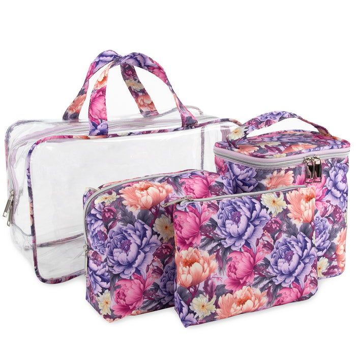 Clear Cosmetic Travel Case with 2 Matching-Quilted Bags and Pouch - Floral Print - BagsInBulk.com