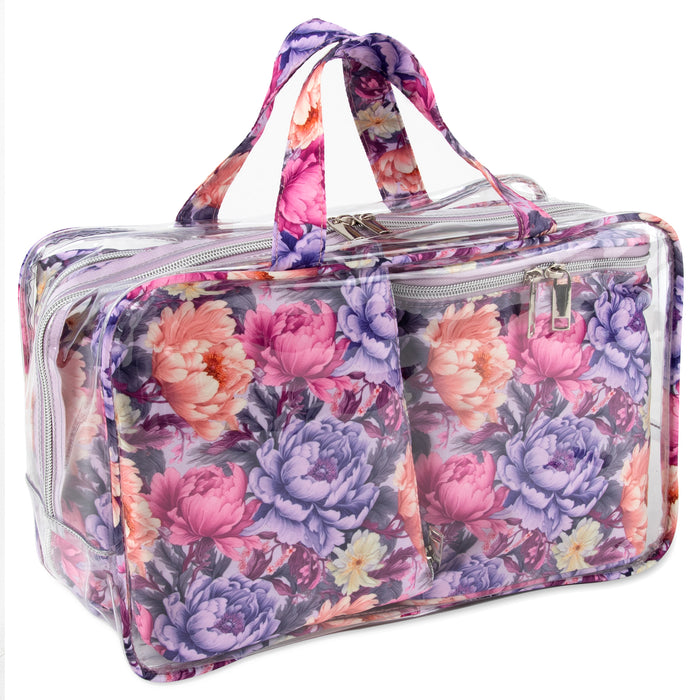 Clear Cosmetic Travel Case with 2 Matching-Quilted Bags and Pouch - Floral Print - BagsInBulk.com