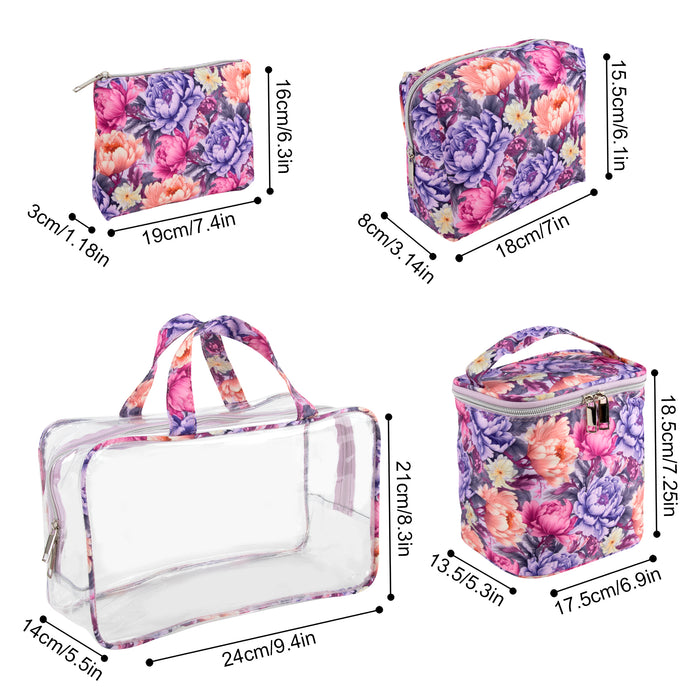 Clear Cosmetic Travel Case with 2 Matching-Quilted Bags and Pouch - Floral Print - BagsInBulk.com