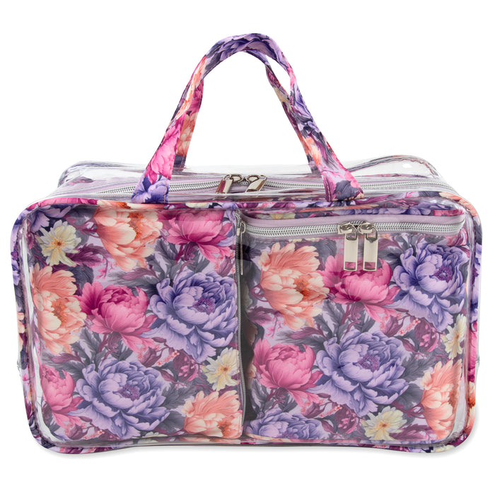 Clear Cosmetic Travel Case with 2 Matching-Quilted Bags and Pouch - Floral Print - BagsInBulk.com