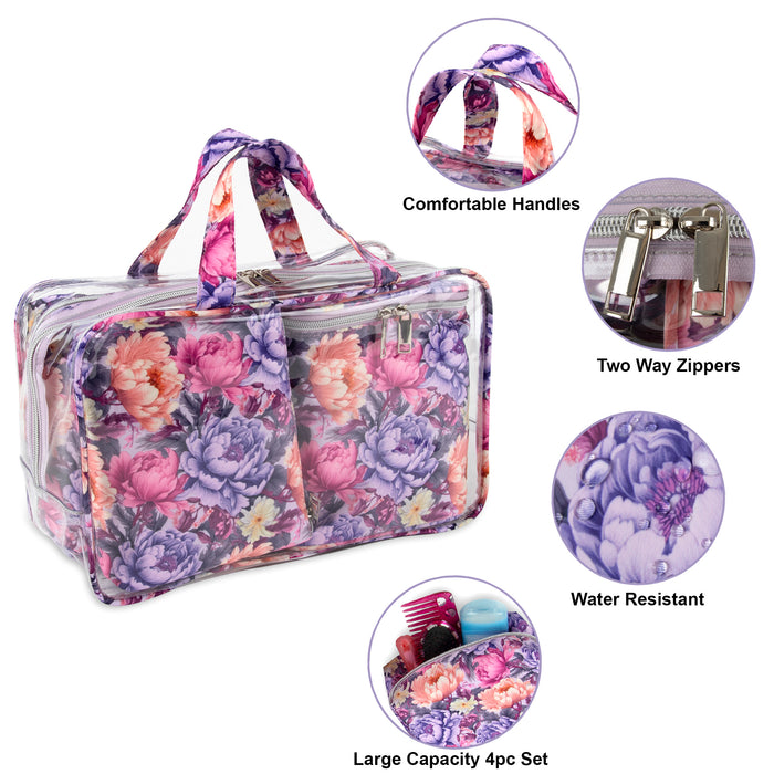 Clear Cosmetic Travel Case with 2 Matching-Quilted Bags and Pouch - Floral Print - BagsInBulk.com