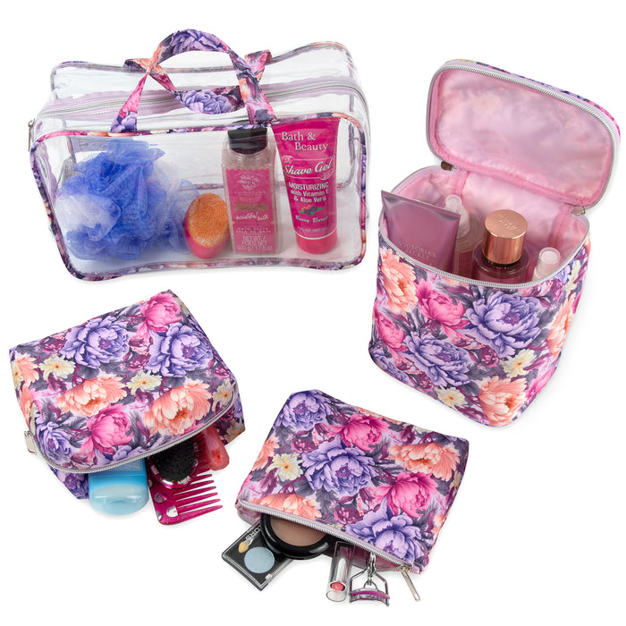 Clear Cosmetic Travel Case with 2 Matching-Quilted Bags and Pouch - Floral Print - BagsInBulk.com