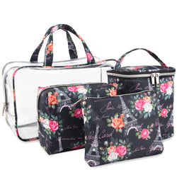 Clear Cosmetic Traveling Case with 3 Cosmetic Bags & Pouch - Paris Themed - BagsInBulk.com