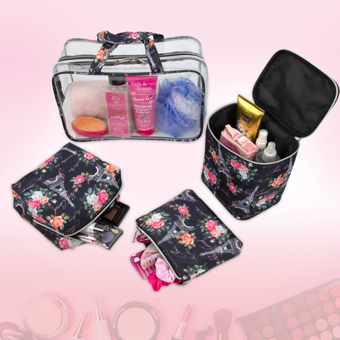 Clear Cosmetic Traveling Case with 3 Cosmetic Bags & Pouch - Paris Themed - BagsInBulk.com