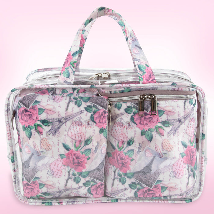 Clear Cosmetic Travel Case Set with 2 Bags + Pouch - Pink Paris Themed