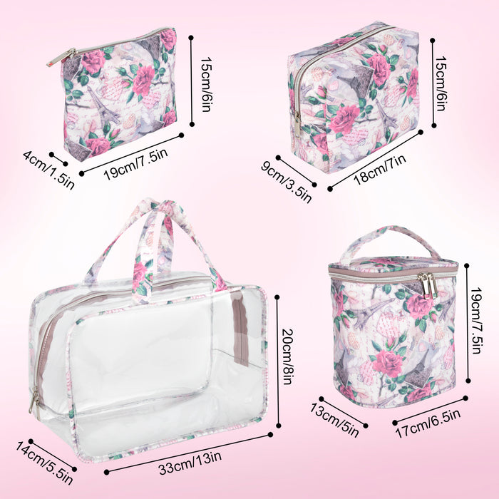 Clear Cosmetic Travel Case Set with 2 Bags + Pouch - Pink Paris Themed