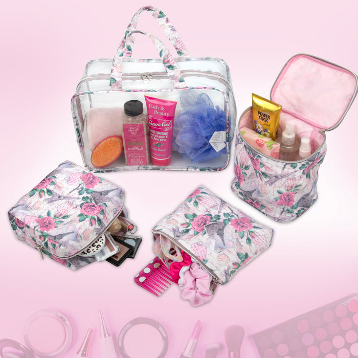 Clear Cosmetic Travel Case Set with 2 Bags + Pouch - Pink Paris Themed