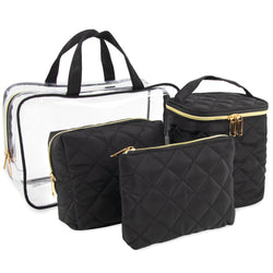 Clear Cosmetic Traveling Case with 3 Diamond Quilted  Cosmetic Bags & Pouch - Black - BagsInBulk.com