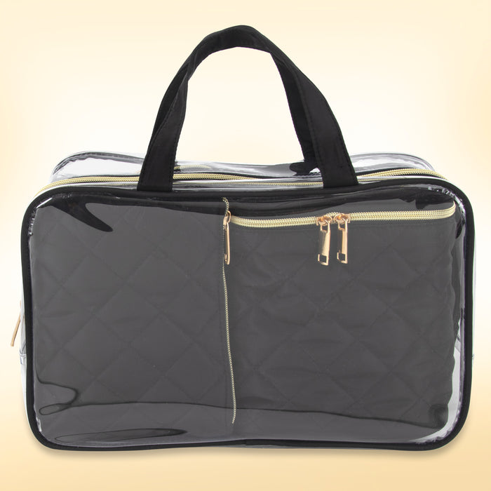 Clear Cosmetic Traveling Case with 3 Diamond Quilted  Cosmetic Bags & Pouch - Black - BagsInBulk.com