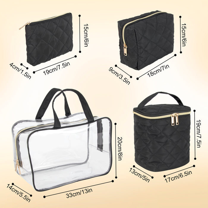 Clear Cosmetic Traveling Case with 3 Diamond Quilted  Cosmetic Bags & Pouch - Black - BagsInBulk.com