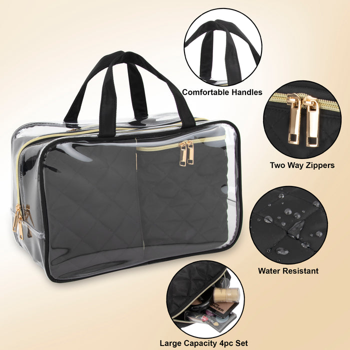 Clear Cosmetic Traveling Case with 3 Diamond Quilted  Cosmetic Bags & Pouch - Black - BagsInBulk.com