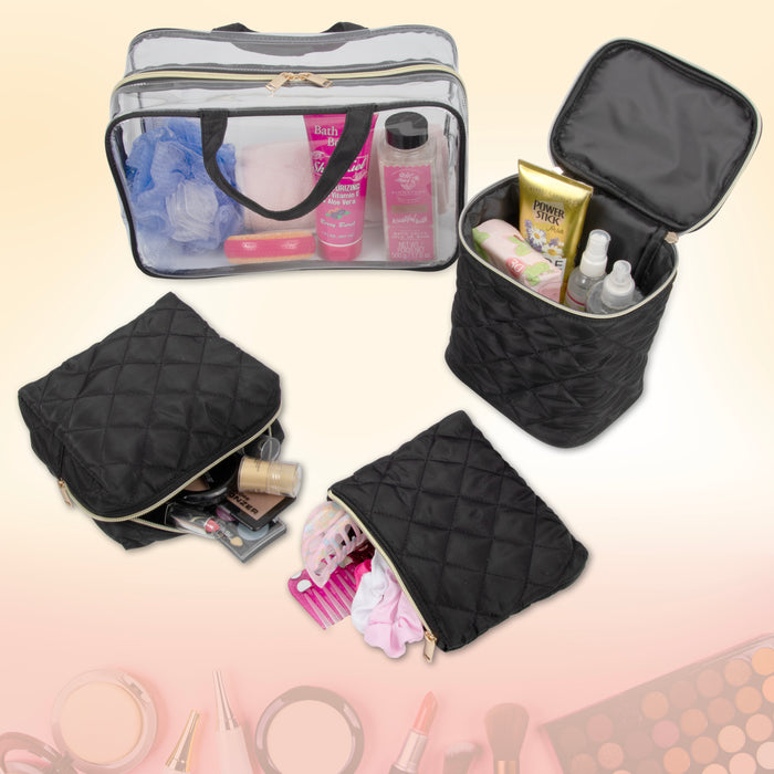 Clear Cosmetic Traveling Case with 3 Diamond Quilted  Cosmetic Bags & Pouch - Black - BagsInBulk.com