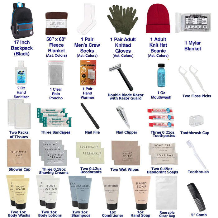 Warm Essential 45-Piece Homeless Care Hygiene Kit with Backpack, Blanket, Rain Poncho & Socks - BagsInBulk.com