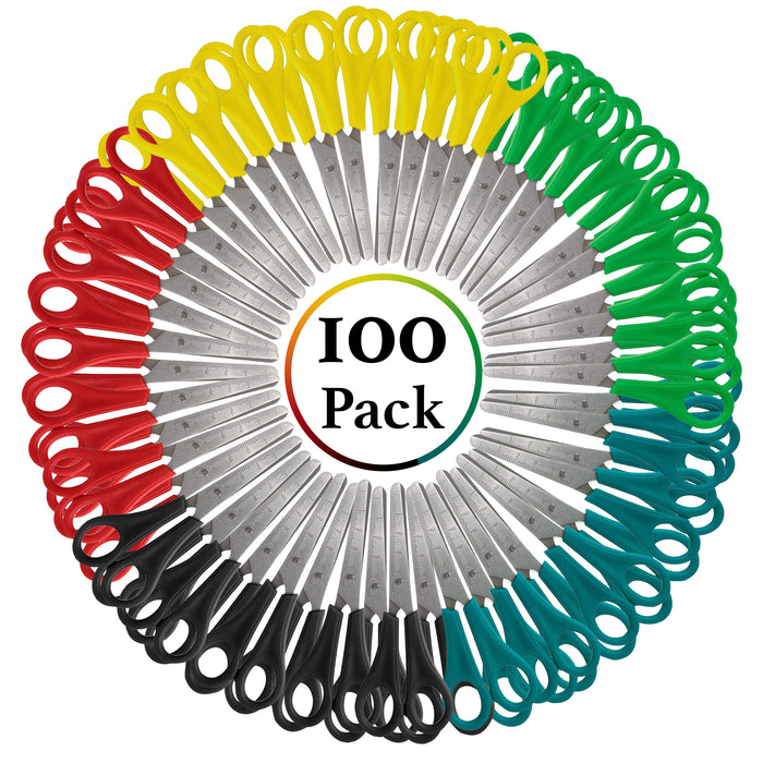 Bulk 5 Inch Kids Safety Scissors - 100 pack - Rounded Cutting Edge - BagsInBulk.com