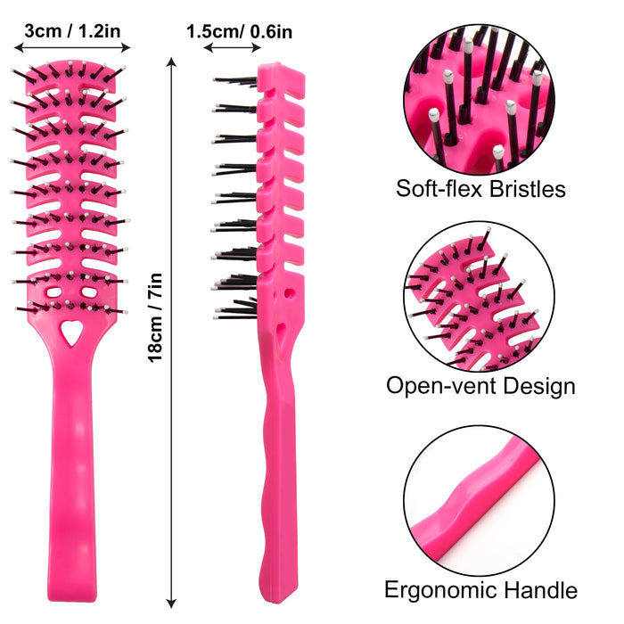 Pink hairbrush with measurements and features on a white background