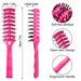 Pink hairbrush with measurements and features on a white background