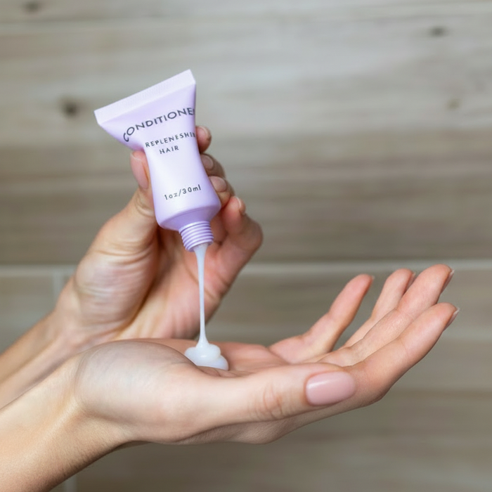 Hands squeezing a 1 oz lavender travel-size conditioner tube, dispensing white cream.