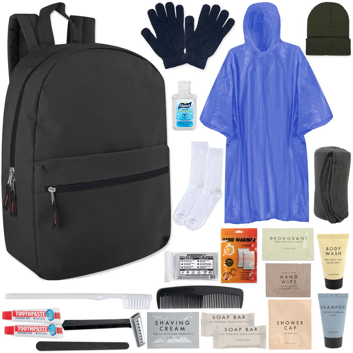 Warm Essential 24-piece Homeless Care Hygiene Kit with Backpack, Poncho, Socks - BagsInBulk.com