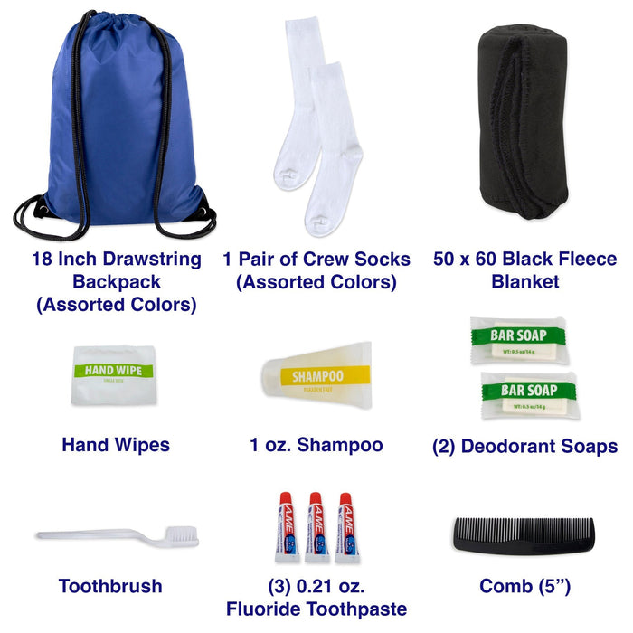 10-Piece Deluxe Hygiene Kit with Drawstring Bag, Socks, Blanket - BagsInBulk.com