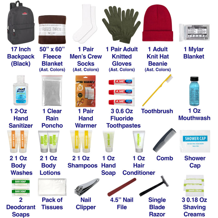 Warm Essential 45-Piece Homeless Care Hygiene Kit with Backpack, Blanket, Rain Poncho & Socks - BagsInBulk.com