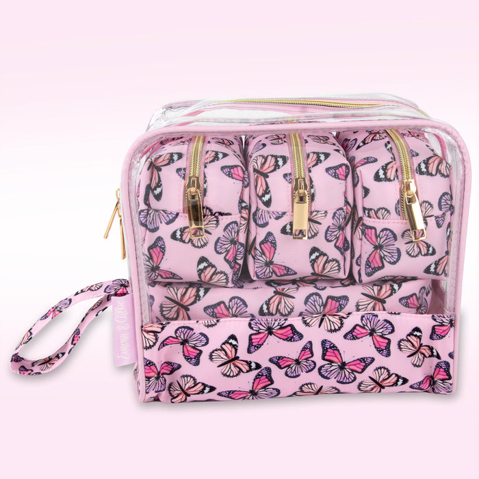 Clear Cosmetic Travel Case Carry All Set - Butterfly Print - BagsInBulk.com