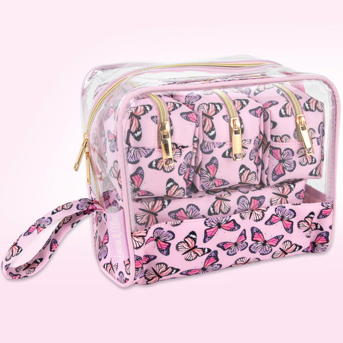 Clear Cosmetic Travel Case Carry All Set - Butterfly Print - BagsInBulk.com