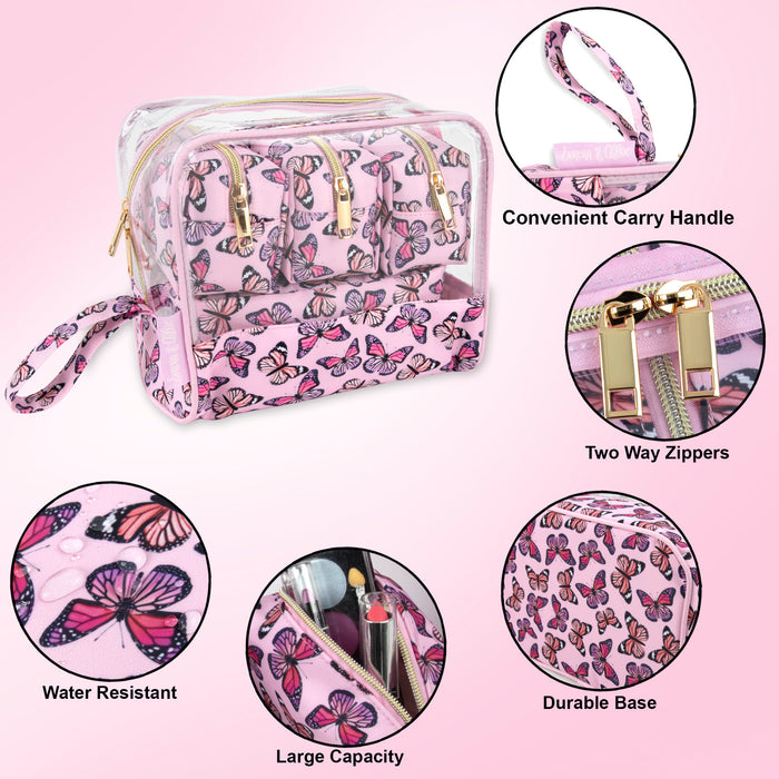 Clear Cosmetic Travel Case Carry All Set - Butterfly Print - BagsInBulk.com