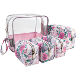 Clear Cosmetic Travel Case Carry All Set - Floral Print - BagsInBulk.com