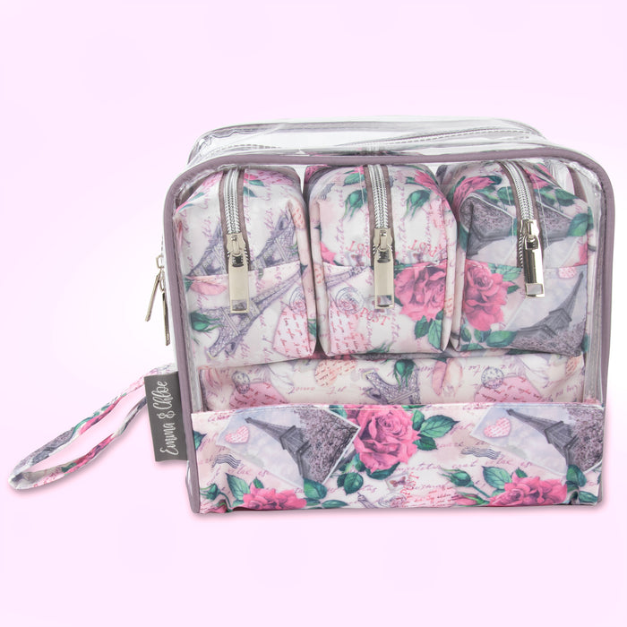 Clear Cosmetic Travel Case Carry All Set - Floral Print - BagsInBulk.com