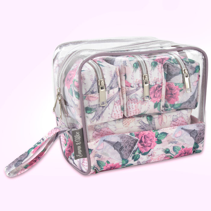 Clear Cosmetic Travel Case Carry All Set - Floral Print - BagsInBulk.com