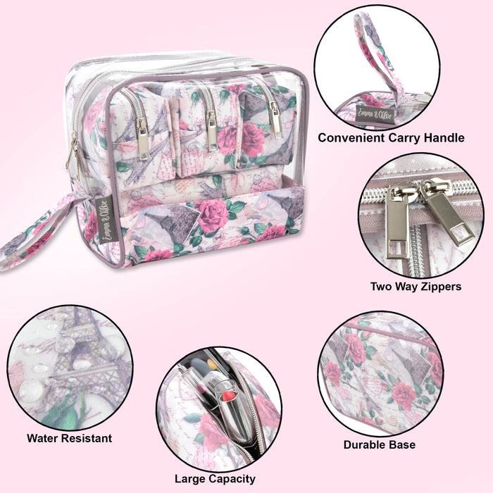 Clear Cosmetic Travel Case Carry All Set - Floral Print - BagsInBulk.com