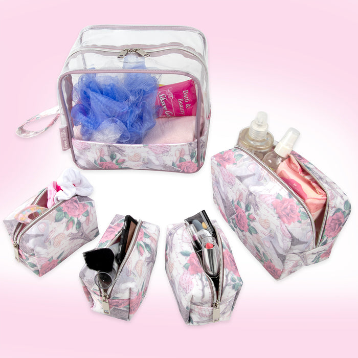 Clear Cosmetic Travel Case Carry All Set - Floral Print - BagsInBulk.com