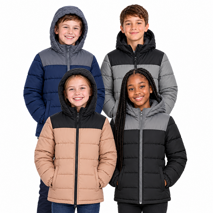 Youth Winter Hooded Two Tone Puffer Coat - 4 Colors