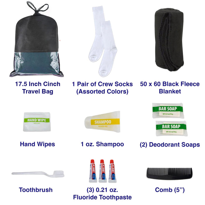 10-Piece Deluxe Hygiene Kit with Cinch Travel Bag with Clear Window, Socks, Blanket - BagsInBulk.com