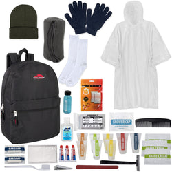 Warm Essential 34-Piece Homeless Care Hygiene Kit with Backpack, Poncho, Socks - BagsInBulk.com