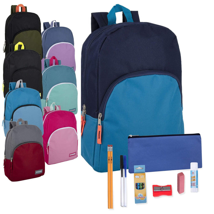 15" Backpack with 12-Piece School Supplies Kit - 8 Colors - 