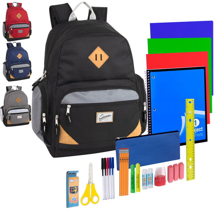 19" Duo Compartment Backpack with 30-Piece School Supply Kit - 4 Colors - 