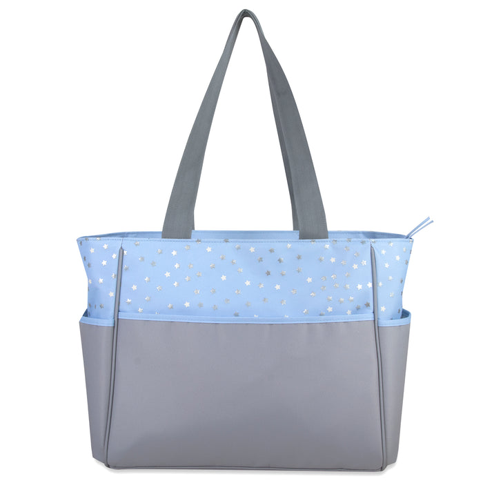 Diaper Bag Tote 5 Piece Set with Sun, Moon, and Stars, Wipes Pocket, Dirty Diaper Pouch, Changing Pad - Grey/Blue - 