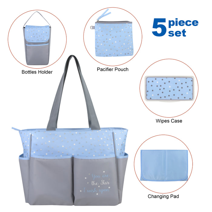 Diaper Bag Tote 5 Piece Set with Sun, Moon, and Stars, Wipes Pocket, Dirty Diaper Pouch, Changing Pad - Grey/Blue - 