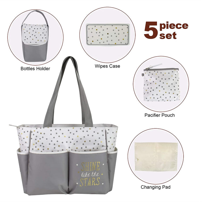 Diaper Bag Tote 5 Piece Set with Sun, Moon, and Stars, Wipes Pocket, Dirty Diaper Pouch, Changing Pad - Grey/Cream - 