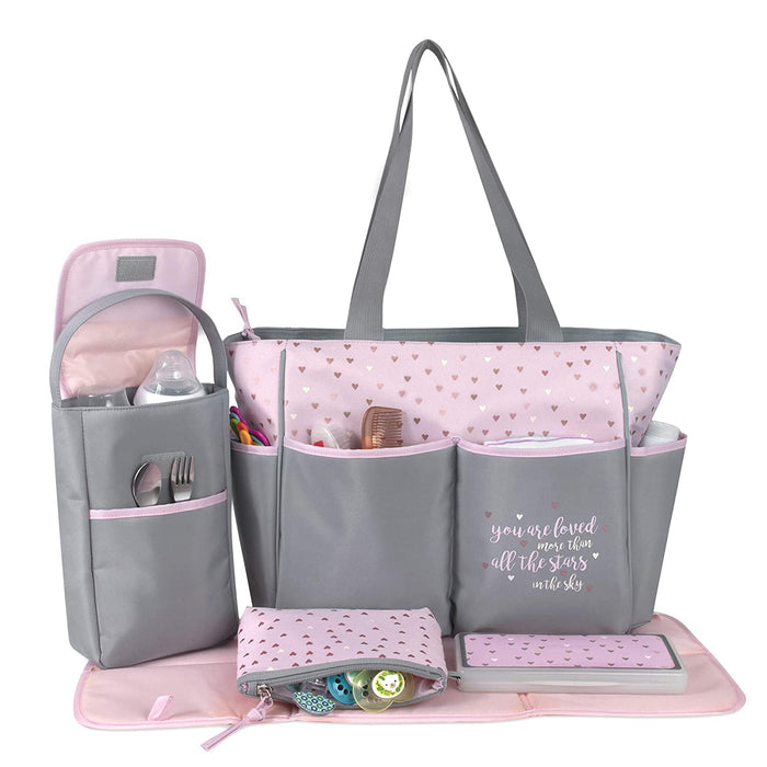 Diaper Bag Tote 5 Piece Set with Sun, Moon, and Stars, Wipes Pocket, Dirty Diaper Pouch, Changing Pad - Grey/Pink - 