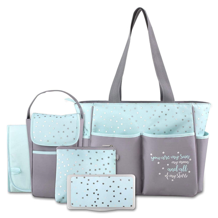 Diaper Bag Tote 5 Piece Set with Sun, Moon, and Stars, Wipes Pocket, Dirty Diaper Pouch, Changing Pad - Grey/Aqua - 