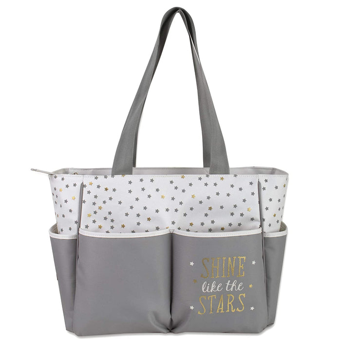 Diaper Bag Tote 5 Piece Set with Sun, Moon, and Stars, Wipes Pocket, Dirty Diaper Pouch, Changing Pad - Grey/Cream - 