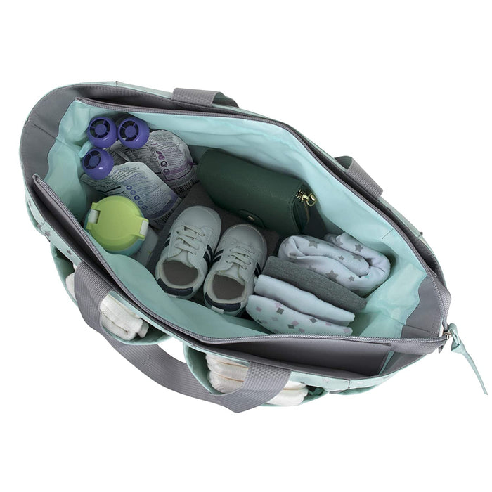 Diaper Bag Tote 5 Piece Set with Sun, Moon, and Stars, Wipes Pocket, Dirty Diaper Pouch, Changing Pad - Grey/Aqua - 